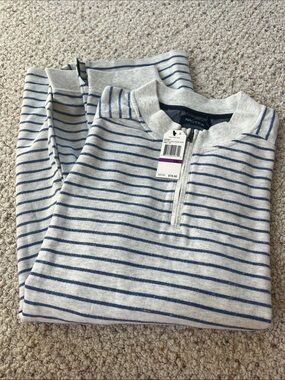 Nautica Men's Light Gray and Blue Striped Zip-Up Sweater